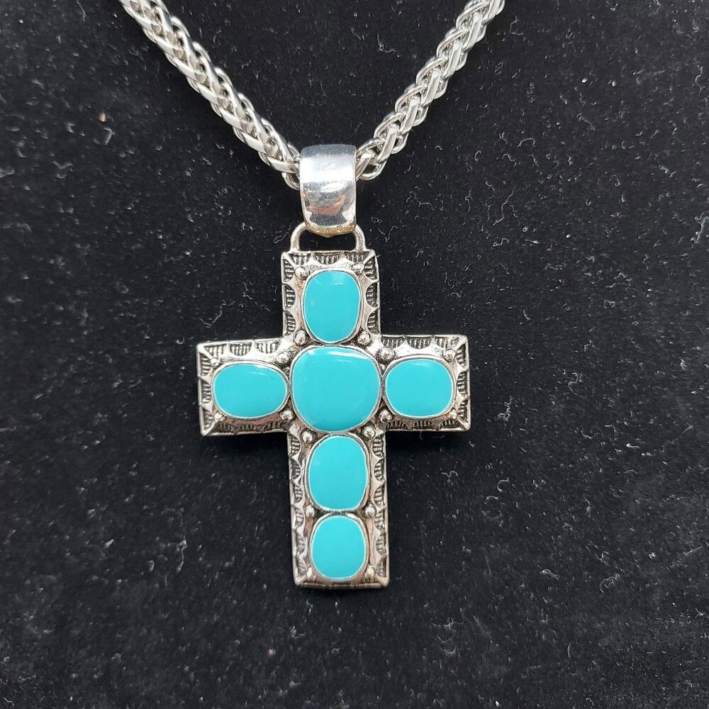 Southwest Style Silver Tone Aqua Enamel Cross Pendant Necklace 14" Drop